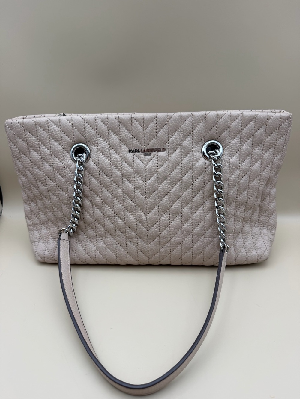 Karl Lagerfeld Paris Quilted Leather Chain Tote Bag Beige